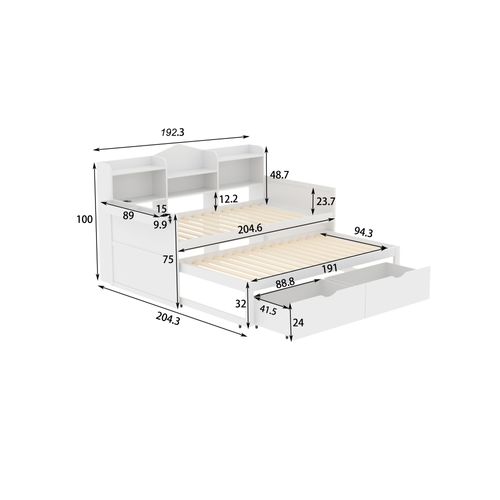 Lit Gigogne Lit Enfant En Bois 90x200/190 Cm, Prise USB Et 2 Tiroirs, Niches De Rangement, Blanc