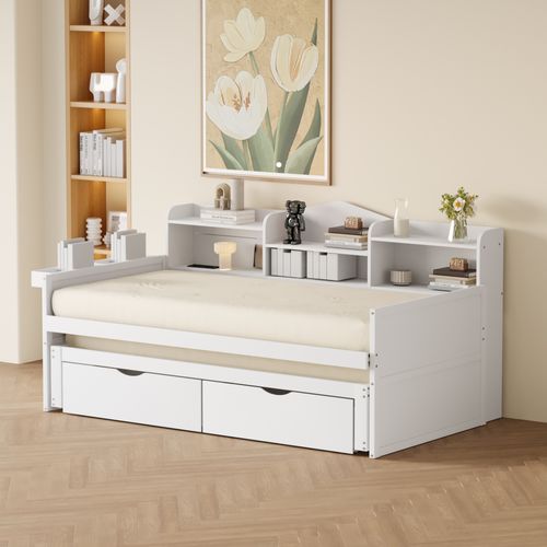 Lit Gigogne Lit Enfant En Bois 90x200/190 Cm, Prise USB Et 2 Tiroirs, Niches De Rangement, Blanc
