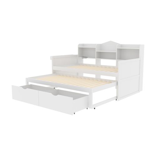 Lit Gigogne Lit Enfant En Bois 90x200/190 Cm, Prise USB Et 2 Tiroirs, Niches De Rangement, Blanc