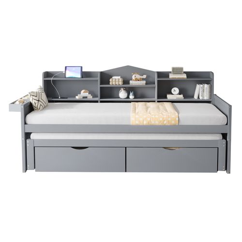 Lit Gigogne Lit Enfant En Bois 90x200/190 Cm, Prise USB Et 2 Tiroirs, Niches De Rangement, Gris