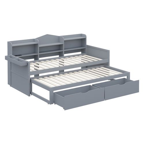 Lit Gigogne Lit Enfant En Bois 90x200/190 Cm, Prise USB Et 2 Tiroirs, Niches De Rangement, Gris