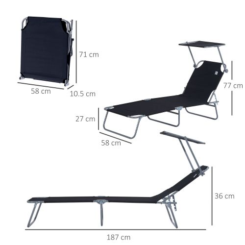 Chaise Pliante Longue De Jardin, Transat, 187x58x36 Cm, Pour Terrasse Et Balcon, Noir