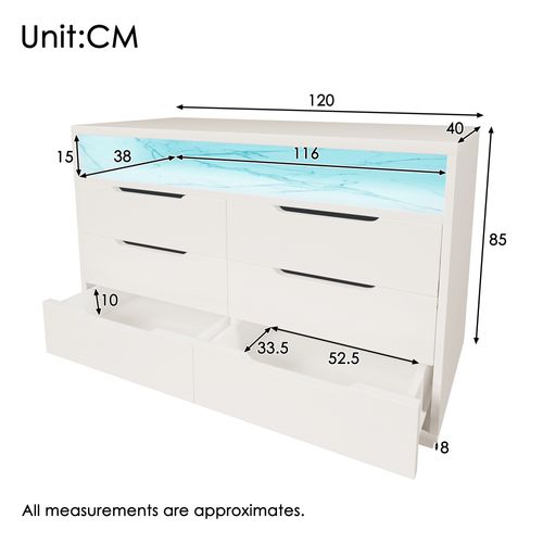 Buffet/commode, Éclairage LED Et 6 Tiroirs, Placage Marbre, Meuble De Rangement, 120x40x85 Cm, Blanc