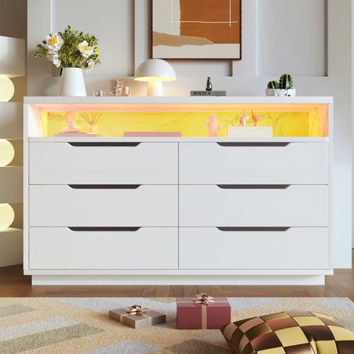 Buffet/commode, Éclairage LED Et 6 Tiroirs, Placage Marbre, Meuble De Rangement, 120x40x85 Cm, Blanc