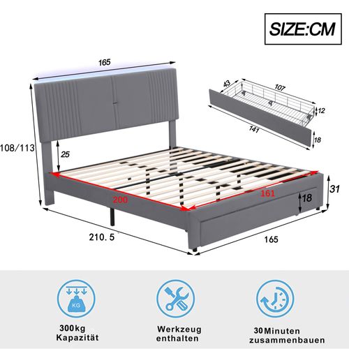 Lit Double Rembourré 160 X 200 Cm, Avec Bande LED Et Port USB, Titoir, Velours Gris