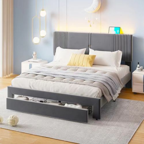 Lit Double Rembourré 160 X 200 Cm, Avec Bande LED Et Port USB, Titoir, Velours Gris