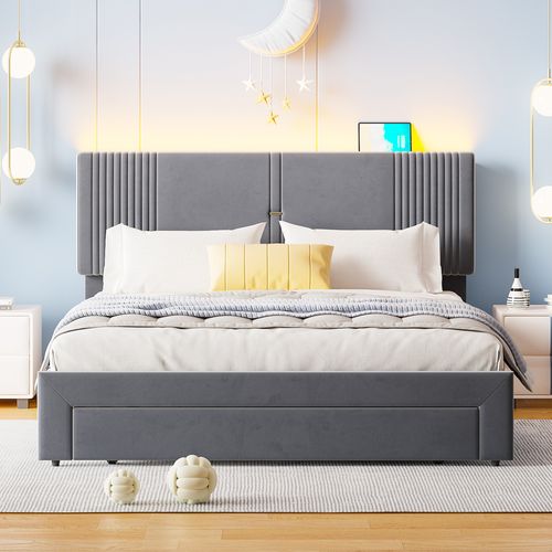 Lit Double Rembourré 160 X 200 Cm, Avec Bande LED Et Port USB, Titoir, Velours Gris