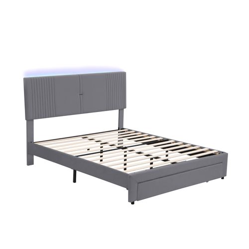 Lit Double Rembourré 160 X 200 Cm, Avec Bande LED Et Port USB, Titoir, Velours Gris