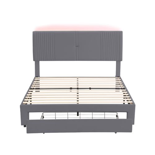 Lit Double Rembourré 160 X 200 Cm, Avec Bande LED Et Port USB, Titoir, Velours Gris