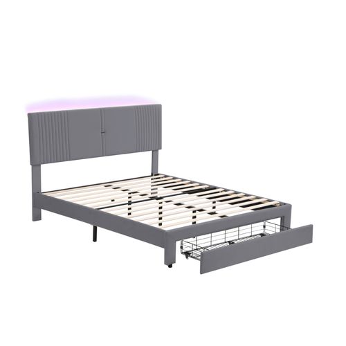Lit Double Rembourré 160 X 200 Cm, Avec Bande LED Et Port USB, Titoir, Velours Gris
