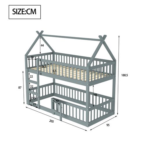 Lit Superposé Enfant 90x200 Cm, Design Loft, Lit Cabane En Bois, Gris