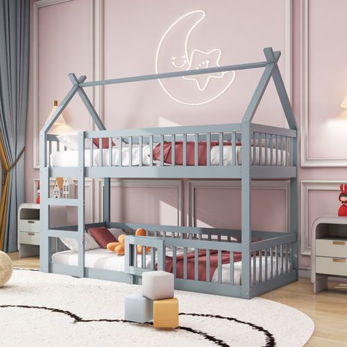 Lit Superposé Enfant 90x200 Cm, Design Loft, Lit Cabane En Bois, Gris