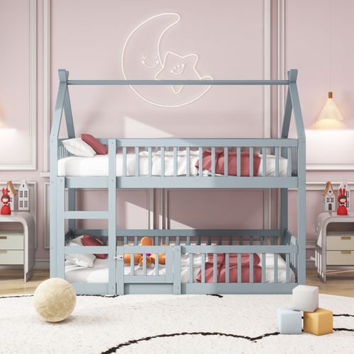 Lit Superposé Enfant 90x200 Cm, Design Loft, Lit Cabane En Bois, Gris