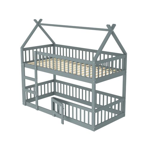 Lit Superposé Enfant 90x200 Cm, Design Loft, Lit Cabane En Bois, Gris