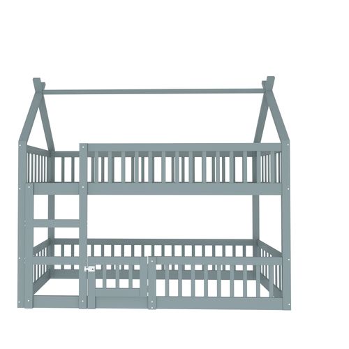 Lit Superposé Enfant 90x200 Cm, Design Loft, Lit Cabane En Bois, Gris