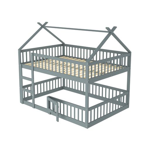 Lit Superposé Enfant 140x200 Cm, Design Loft, Lit Cabane En Bois, Gris