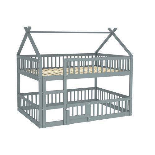 Lit Superposé Enfant 140x200 Cm, Design Loft, Lit Cabane En Bois, Gris