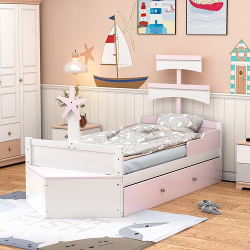 Lit Gigogne Lit Enfant En Bois 90x200/90x190 Cm, Avec Coffre De Rangement, Forme Voilier, Rose