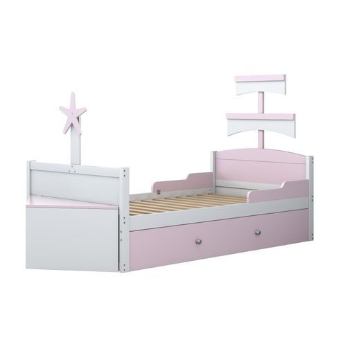 Lit Gigogne Lit Enfant En Bois 90x200/90x190 Cm, Avec Coffre De Rangement, Forme Voilier, Rose