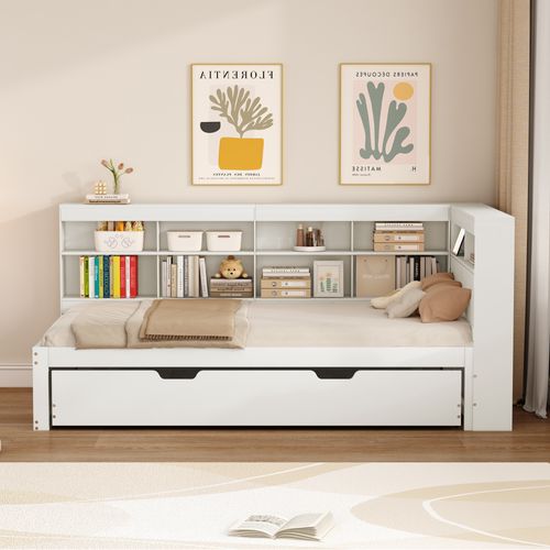 Lit Gigogne Lit Enfant En Bois 90x200/90x190 Cm, Avec Prise USB Et Niches De Rangement, Blanc