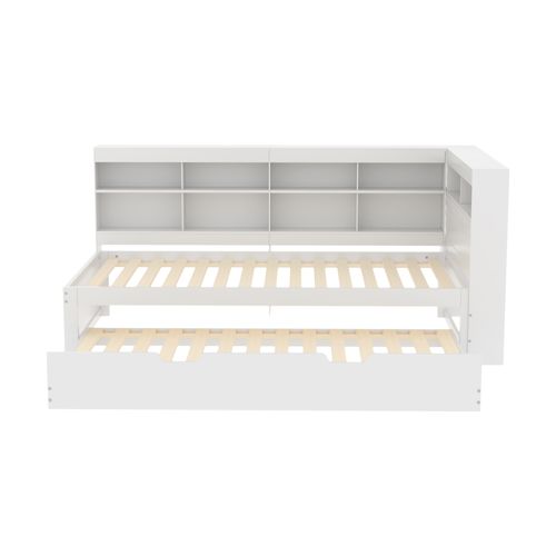 Lit Gigogne Lit Enfant En Bois 90x200/90x190 Cm, Avec Prise USB Et Niches De Rangement, Blanc