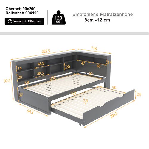 Lit Gigogne Lit Enfant En Bois 90x200/90x190 Cm, Avec Prise USB Et Niches De Rangement, Gris