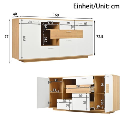 Buffet Moderne, 160x40x77cm, 2 Portes Et 4 Tiroirs, Éclairage LED Réglable, Blanc