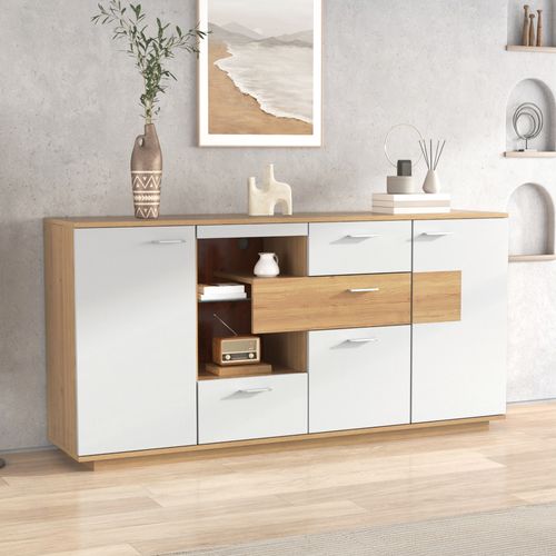 Buffet Moderne, 160x40x77cm, 2 Portes Et 4 Tiroirs, Éclairage LED Réglable, Blanc