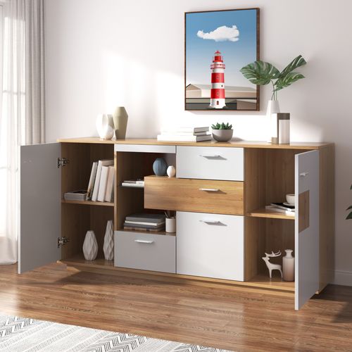 Buffet Moderne, 160x40x77cm, 2 Portes Et 4 Tiroirs, Éclairage LED Réglable, Blanc
