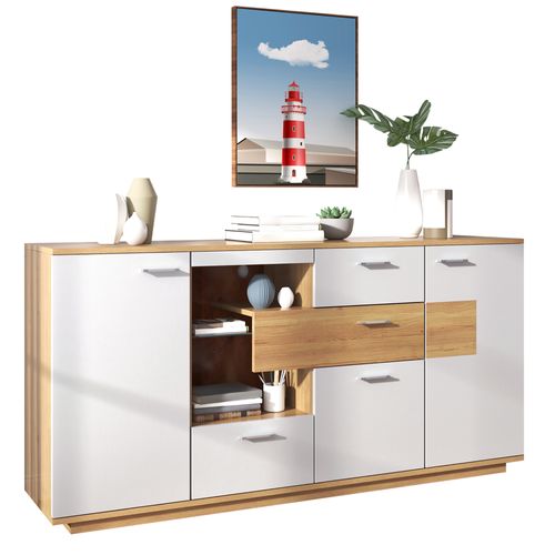 Buffet Moderne, 160x40x77cm, 2 Portes Et 4 Tiroirs, Éclairage LED Réglable, Blanc