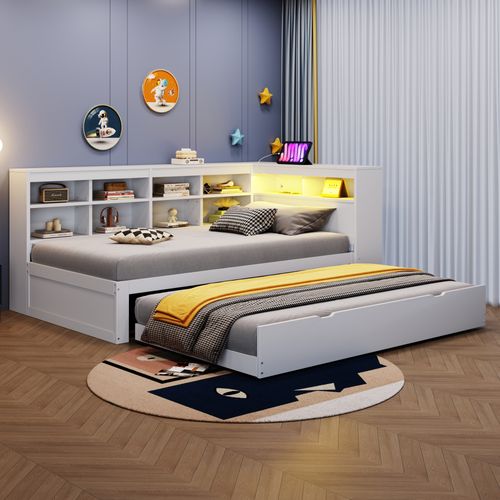 Lit Gigogne Lit Enfant En Bois 90x200/90x190 Cm, Avec Port USB, LED, Espace De Rangement, Blanc