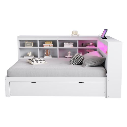 Lit Gigogne Lit Enfant En Bois 90x200/90x190 Cm, Avec Port USB, LED, Espace De Rangement, Blanc