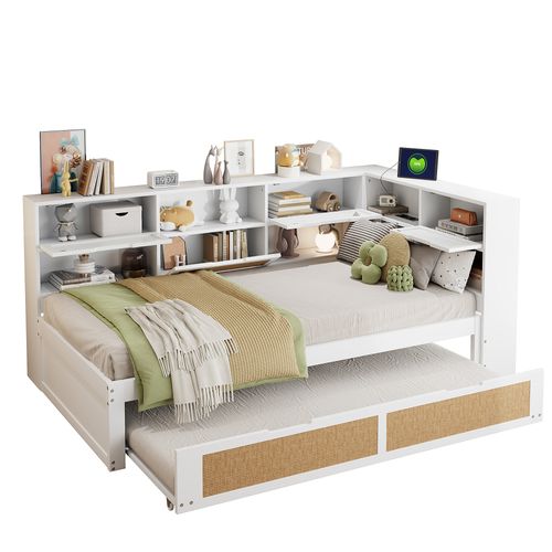 Lit Gigogne 90 X 200/90x190cm En Bois, Lit Enfant, Nombreux Rangements, Port De Charge, Blanc