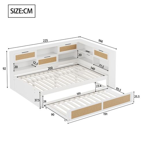 Lit Double Lit Gigogne 140 X 200cm En Bois,  Avec Nombreux Rangements, Port De Charge, Blanc