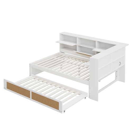 Lit Double Lit Gigogne 140 X 200cm En Bois,  Avec Nombreux Rangements, Port De Charge, Blanc