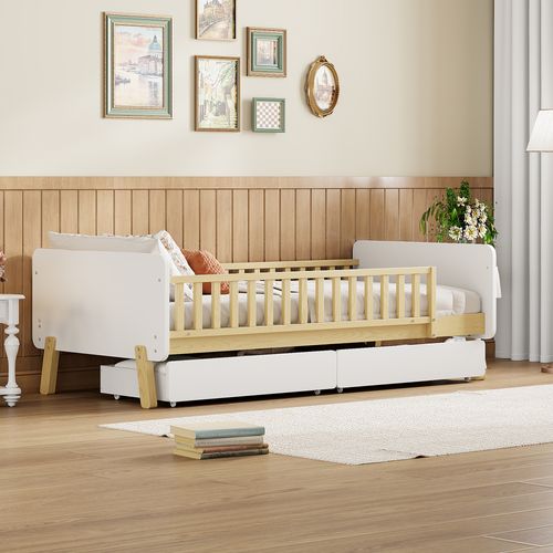 Lit Enfant Lit Simple 90x190cm, Avec 2 Tiroirs Et Sommier à Lattes, Blanc + Coloris Naturel