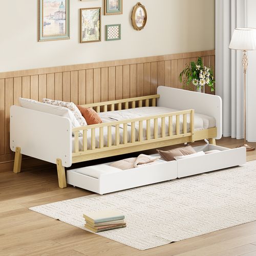 Lit Enfant Lit Simple 90x190cm, Avec 2 Tiroirs Et Sommier à Lattes, Blanc + Coloris Naturel