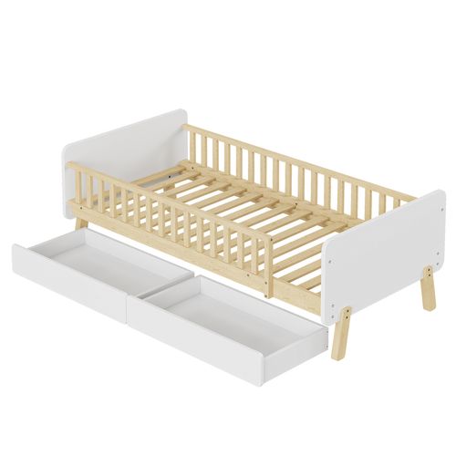 Lit Enfant Lit Simple 90x190cm, Avec 2 Tiroirs Et Sommier à Lattes, Blanc + Coloris Naturel