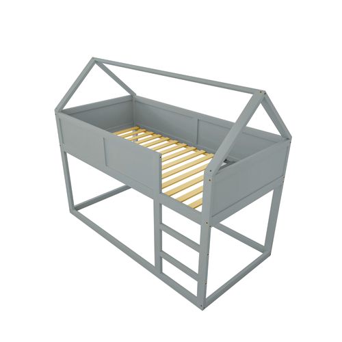 Lit Superposé Enfant 90x200 Cm, Lit Mezzanine Avec Escalier, Structure En Bois, Gris