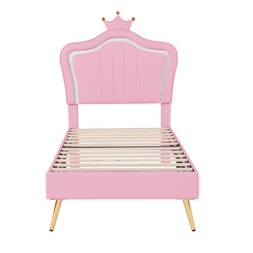 Lit Enfant Rembourré 90 X 200 Cm, Avec LED, Tête De Lit En Forme De Coquille Et Couronne, Pu, Rose