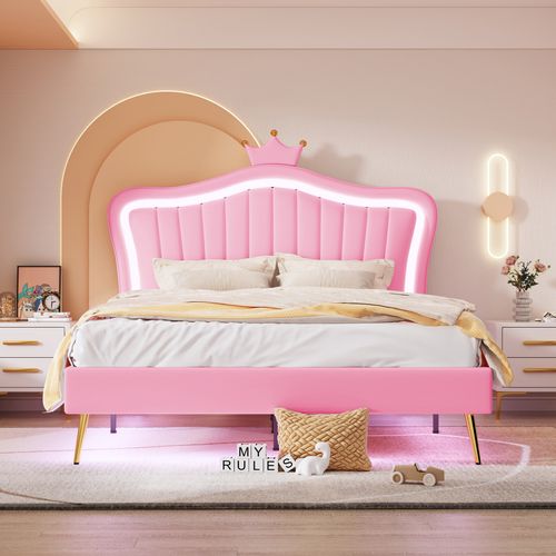 Lit Double Rembourré 140 X 200 Cm, Avec LED, Moulures De Coquille Et De Couronne, Pu, Rose