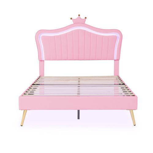 Lit Double Rembourré 140 X 200 Cm, Avec LED, Moulures De Coquille Et De Couronne, Pu, Rose