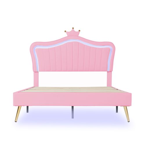 Lit Double Rembourré 140 X 200 Cm, Avec LED, Moulures De Coquille Et De Couronne, Pu, Rose