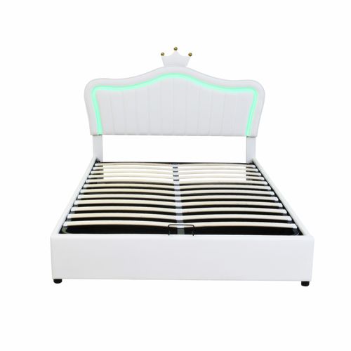 Lit Jeune Lit Coffre Hydraulique 140 X 200 Avec LED, Moulures De Coquille Et De Couronne, Pu, Blanc