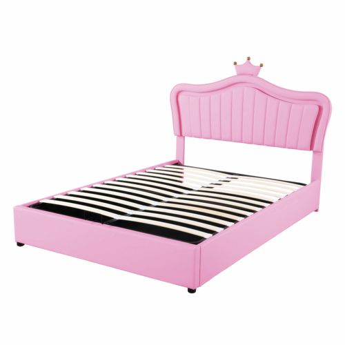 Lit Enfant Lit Coffre Hydraulique 140 X 200 Avec LED, Moulures De Coquille Et De Couronne, Pu, Rose