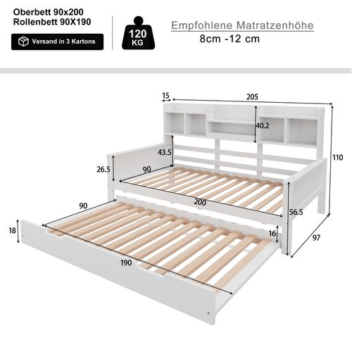 Lit Gigogne 90x200/90x190 Cm, Lit De Repos En Bois, Avec Compartiments De Rangement, Blanc