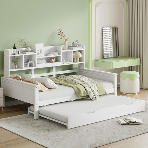 Lit Gigogne 90x200/90x190 Cm, Lit De Repos En Bois, Avec Compartiments De Rangement, Blanc