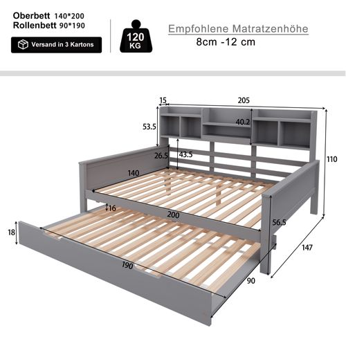 Lit Gigogne 140x200/90x190 Cm, Lit De Repos En Bois, Avec Compartiments De Rangement, Gris