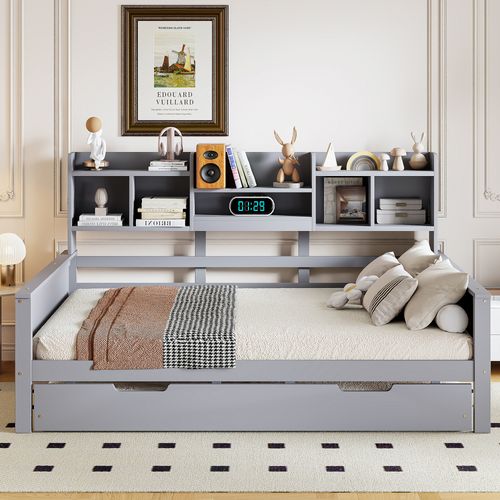 Lit Gigogne 140x200/90x190 Cm, Lit De Repos En Bois, Avec Compartiments De Rangement, Gris