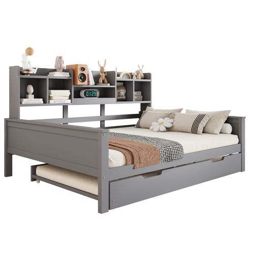 Lit Gigogne 140x200/90x190 Cm, Lit De Repos En Bois, Avec Compartiments De Rangement, Gris
